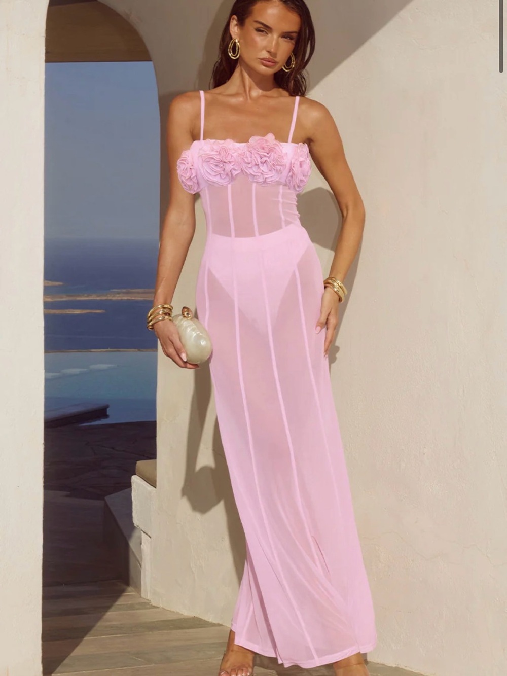 Spaghetti-Strap Maxi Dress with Floral Bust in Light Pink